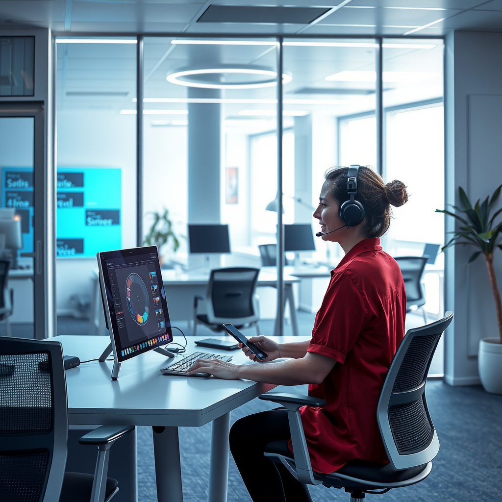 Frau im Büro sitzend vor dem PC